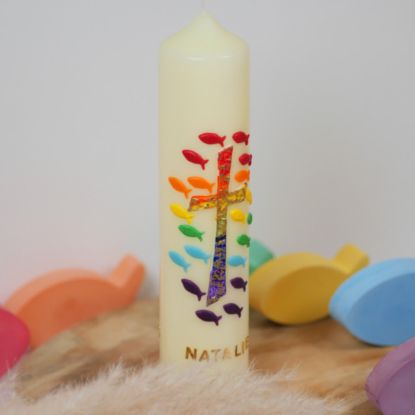 Wachskreuz Regenbogen und gold für Kerzen